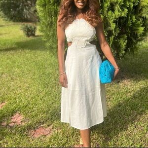 Farm Rio white flower embroidered open back cutout midi dress